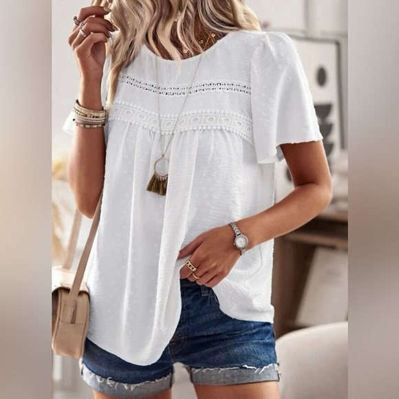 Frenchy Swiss Dot Contrast Guipure Lace Tee - Picture 3 of 8